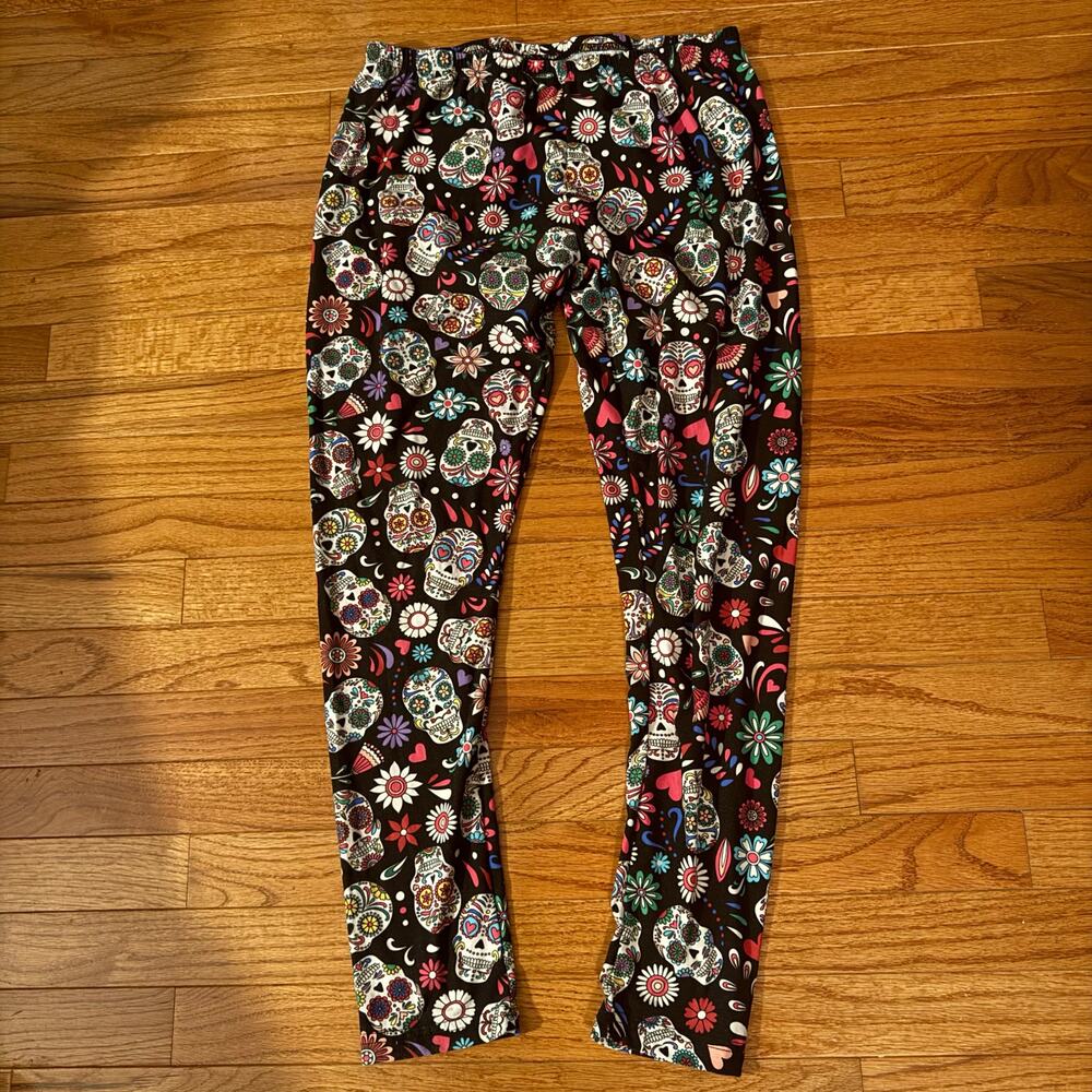 Sugar Skull Floral Print Leggings -Large